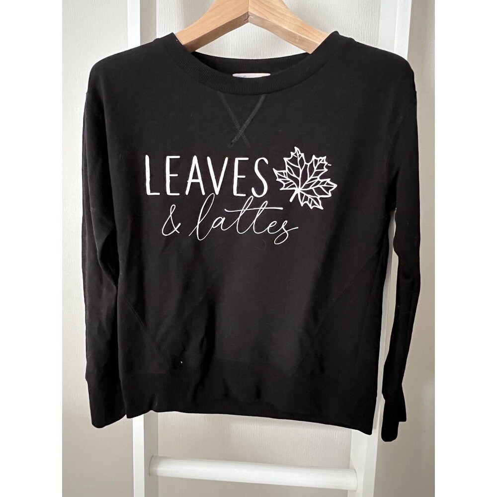 Black Sweatshirt Womens Small Leaves & Lattes Long Sleeve Crew Neck